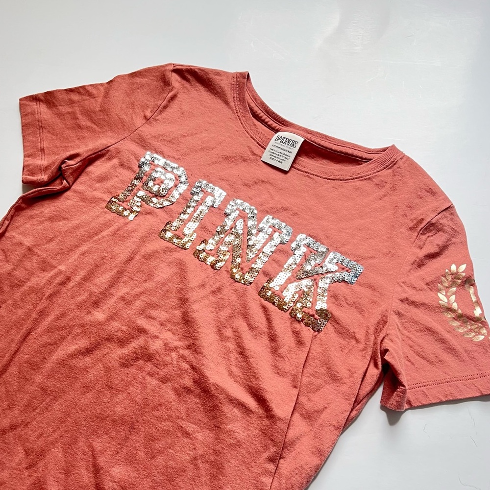 🩷VICTORIA SECRET PINK SPARKLE BLING PINK SHORT SLEEVE TEE SHIRT TOP SIZE XS - Picture 6 of 14